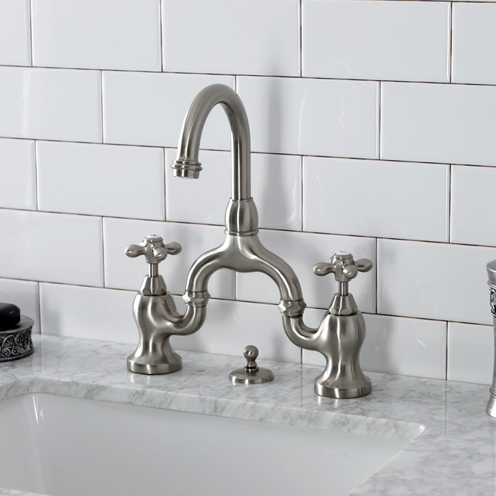 Kingston Heirloom KS7998AX - English Country Two-Handle 3-Hole Deck Mount Bridge Bathroom Faucet with Brass Pop-Up, Brushed Nickel