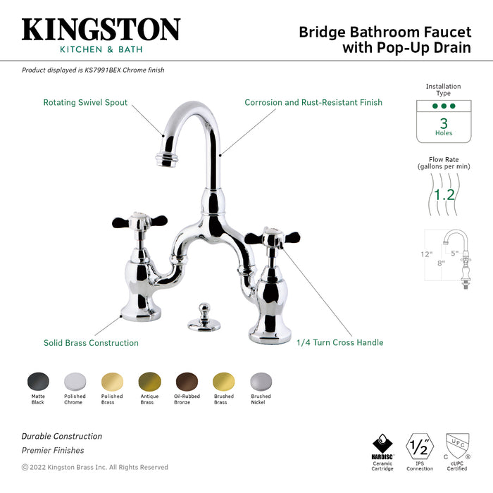 Kingston Heirloom KS7998BEX - Essex Two-Handle 3-Hole Deck Mount Bridge Bathroom Faucet with Brass Pop-Up, Brushed Nickel