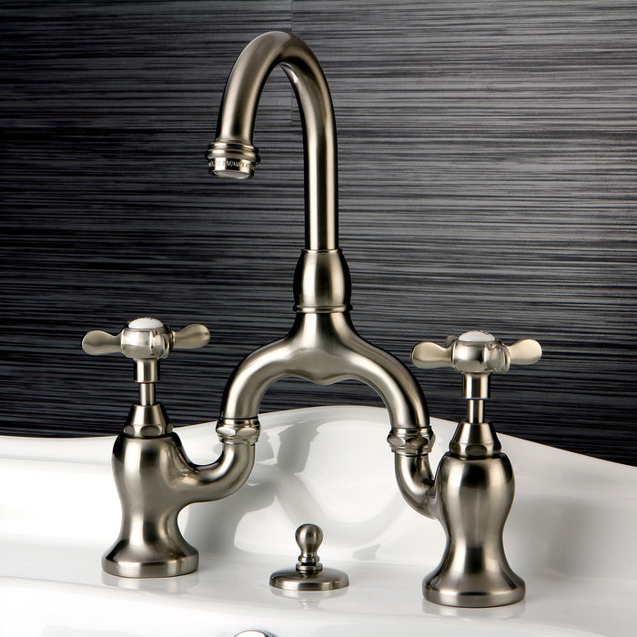 Kingston Heirloom KS7998BEX - Essex Two-Handle 3-Hole Deck Mount Bridge Bathroom Faucet with Brass Pop-Up, Brushed Nickel