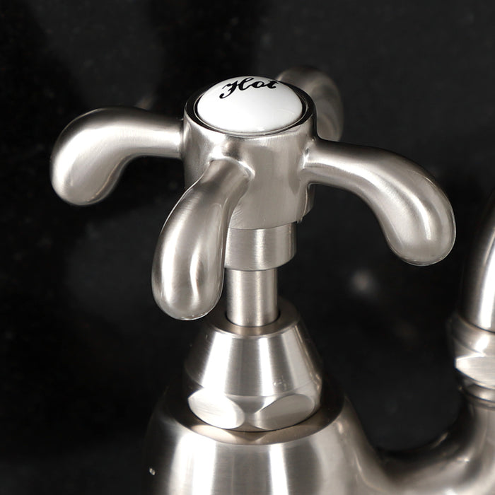 Kingston Heirloom KS7998TX - French Country Two-Handle 3-Hole Deck Mount Bridge Bathroom Faucet with Brass Pop-Up, Brushed Nickel