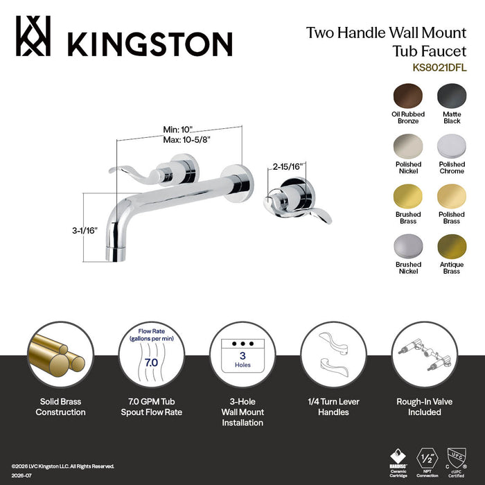Kingston Tulare KS8020DFL - NuWave Two-Handle 3-Hole Wall Mount Tub Faucet, Matte Black