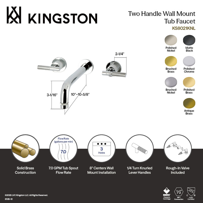Kingston Sona KS8020KNL - Convergent Two-Handle 3-Hole Wall Mount Roman Tub Faucet with Knurled Handle, Matte Black