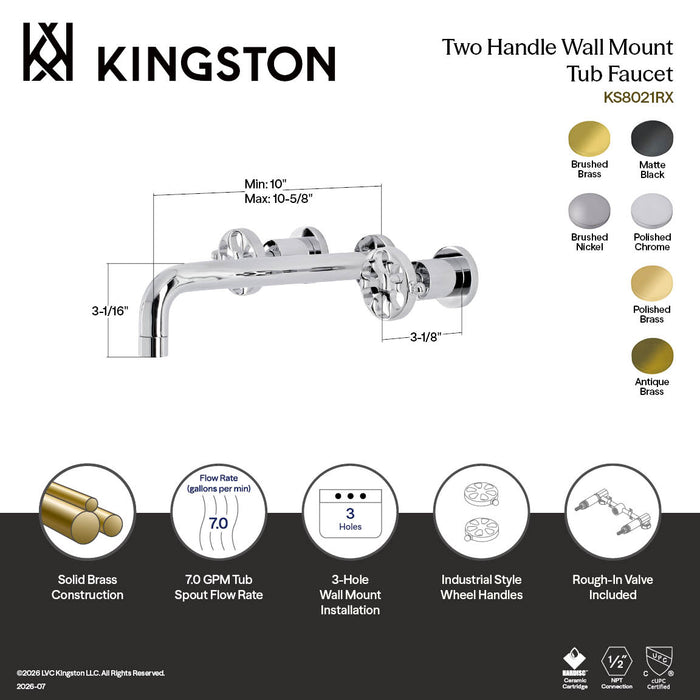 Kingston Sona KS8020RX - Belknap Two-Handle 3-Hole Wall Mount Tub Faucet, Matte Black