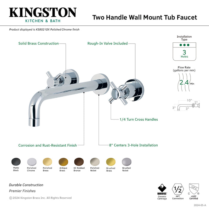 Kingston Sona KS8022DX - Concord Two-Handle 3-Hole Wall Mount Tub Faucet, Polished Brass