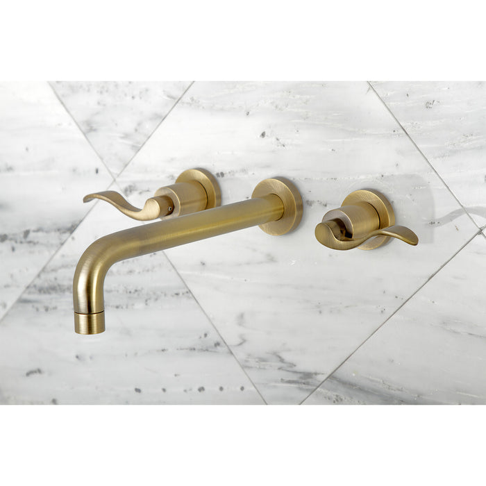 Kingston Tulare KS8023DFL - NuWave Two-Handle 3-Hole Wall Mount Tub Faucet, Antique Brass