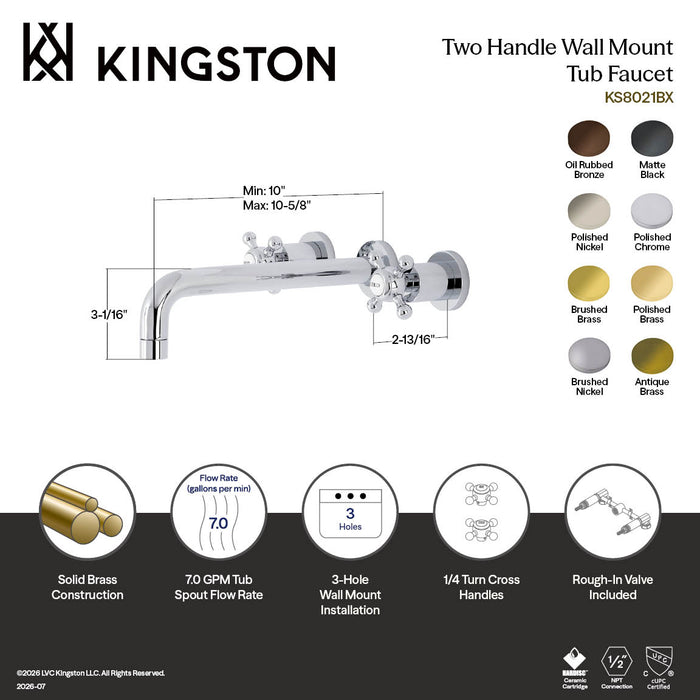 Kingston Tulare KS8025BX - Metropolitan Two-Handle 3-Hole Wall Mount Tub Faucet, Oil Rubbed Bronze