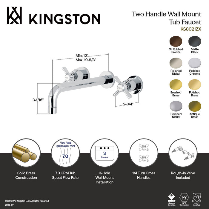 Kingston Sona KS8026ZX - Millennium Two-Handle 3-Hole Wall Mount Tub Faucet, Polished Nickel