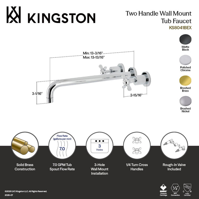 Kingston Sona KS8041BEX - Essex Two-Handle 3-Hole Wall Mount Tub Faucet, Polished Chrome