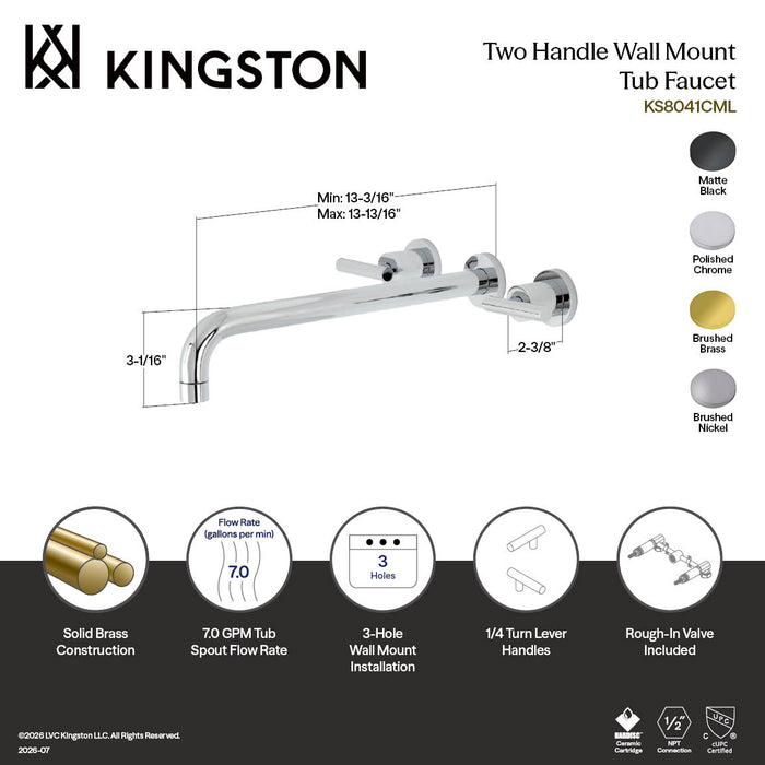 Kingston Sona KS8041CML - Manhattan Two-Handle 3-Hole Wall Mount Tub Faucet, Polished Chrome