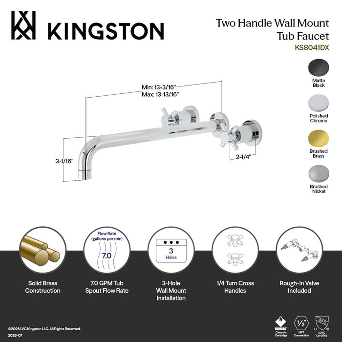 Kingston Sona KS8041DX - Concord Two-Handle 3-Hole Wall Mount Tub Faucet, Polished Chrome