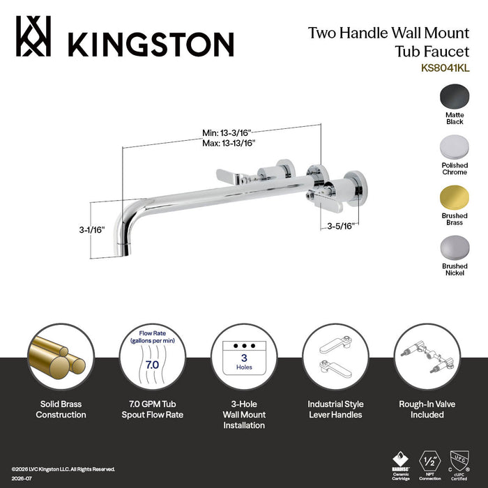 Kingston Sona KS8041KL - Whitaker Two-Handle 3-Hole Wall Mount Tub Faucet, Polished Chrome
