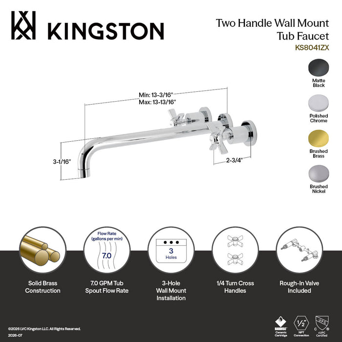 Kingston Sona KS8047ZX - Millennium Two-Handle 3-Hole Wall Mount Tub Faucet, Brushed Brass