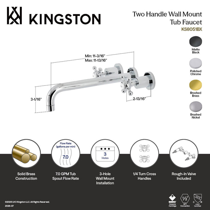 Kingston Tulare KS8050BX - Metropolitan Two-Handle 3-Hole Wall Mount Tub Faucet, Matte Black
