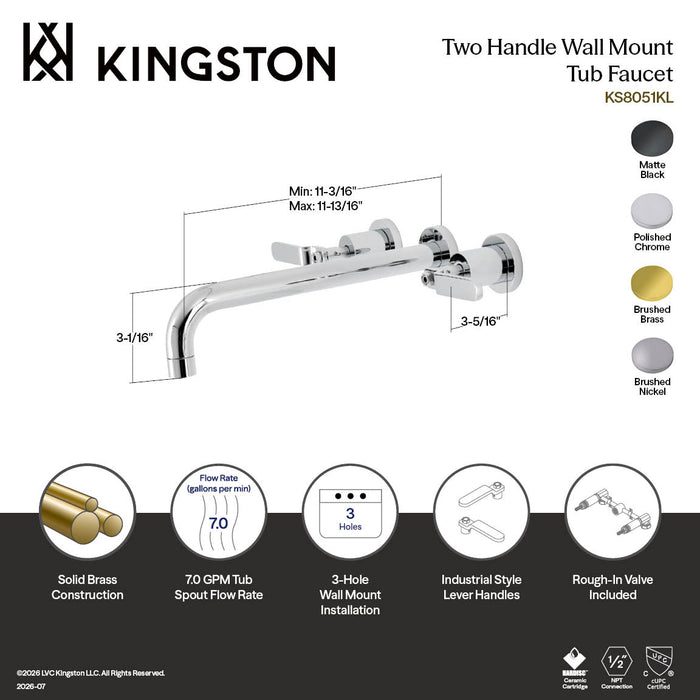 Kingston Sona KS8051KL - Whitaker Two-Handle 3-Hole Wall Mount Tub Faucet, Polished Chrome
