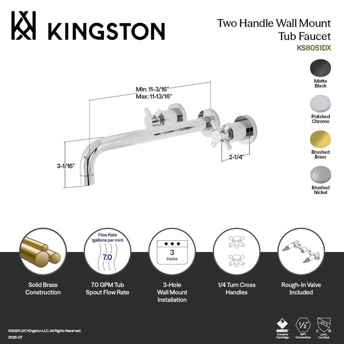 Kingston Sona KS8057DX - Concord Two-Handle 3-Hole Wall Mount Tub Faucet, Brushed Brass