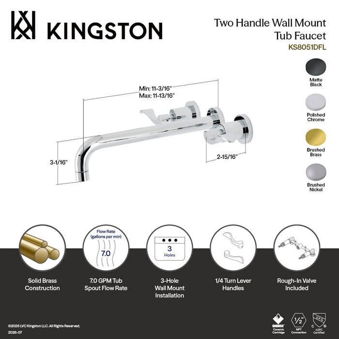 Kingston Tulare KS8058DFL - NuWave Two-Handle 3-Hole Wall Mount Tub Faucet, Brushed Nickel