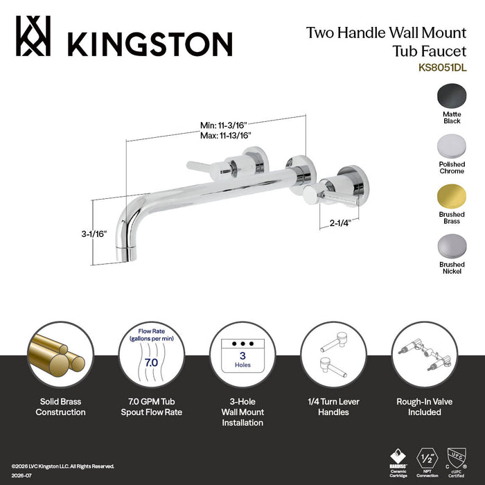 Kingston Sona KS8058DL - Concord Two-Handle 3-Hole Wall Mount Tub Faucet, Brushed Nickel