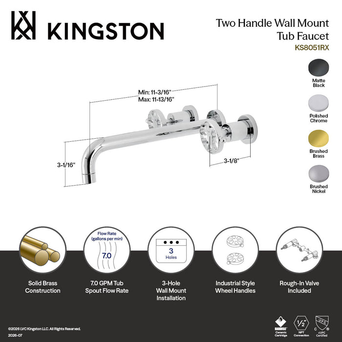 Kingston Sona KS8058RX - Belknap Two-Handle 3-Hole Wall Mount Tub Faucet, Brushed Nickel