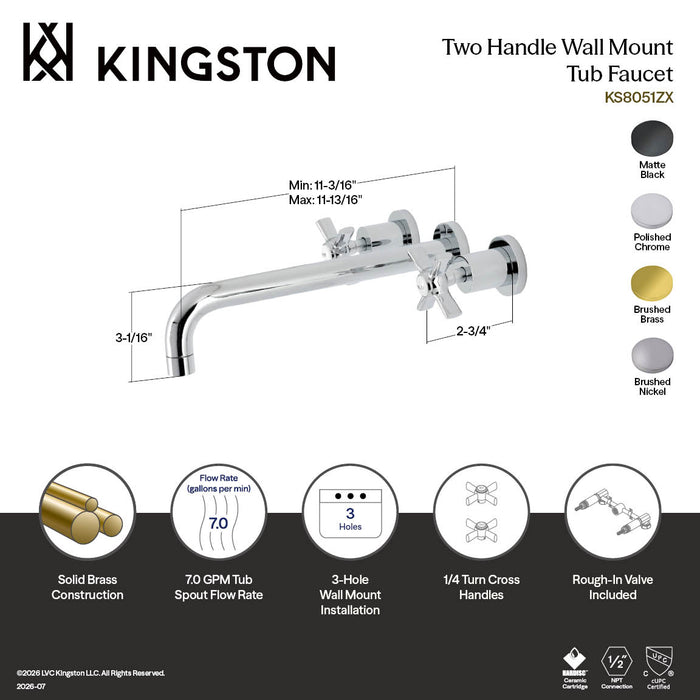 Kingston Tulare KS8058ZX - Millennium Two-Handle 3-Hole Wall Mount Tub Faucet, Brushed Nickel