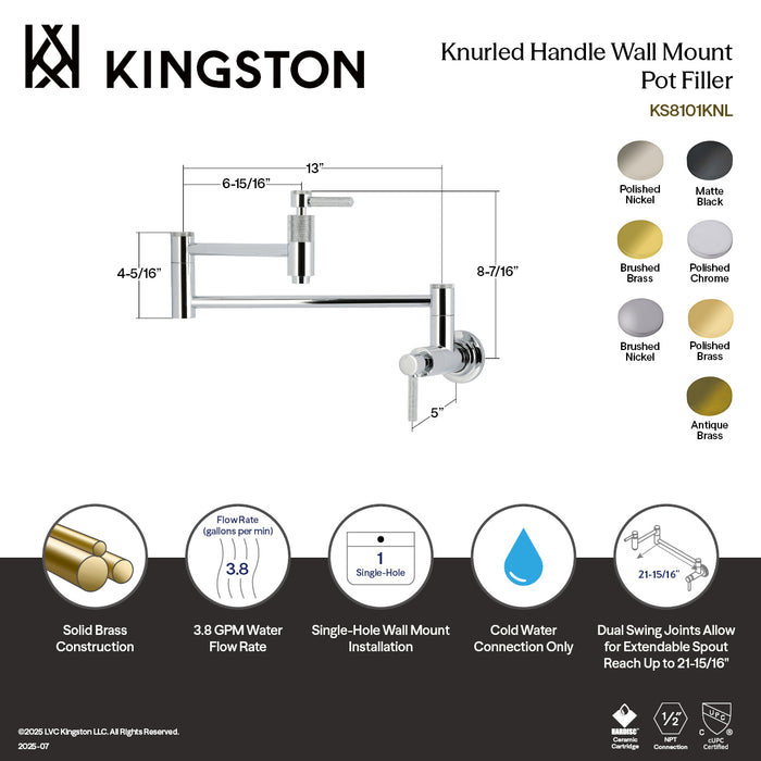 Kingston Sona KS8100KNL - Convergent Two-Handle 1-Hole Wall Mount Pot Filler Faucet with Knurled Handle, Matte Black