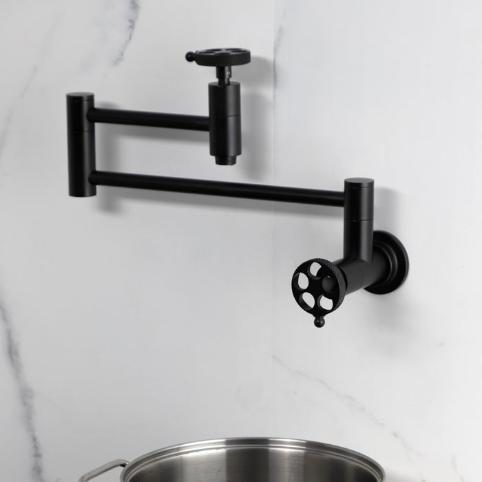 Kingston Sona KS8100RKX - Webb Two-Handle 1-Hole Wall Mount Pot Filler Faucet with Knurled Handle, Matte Black