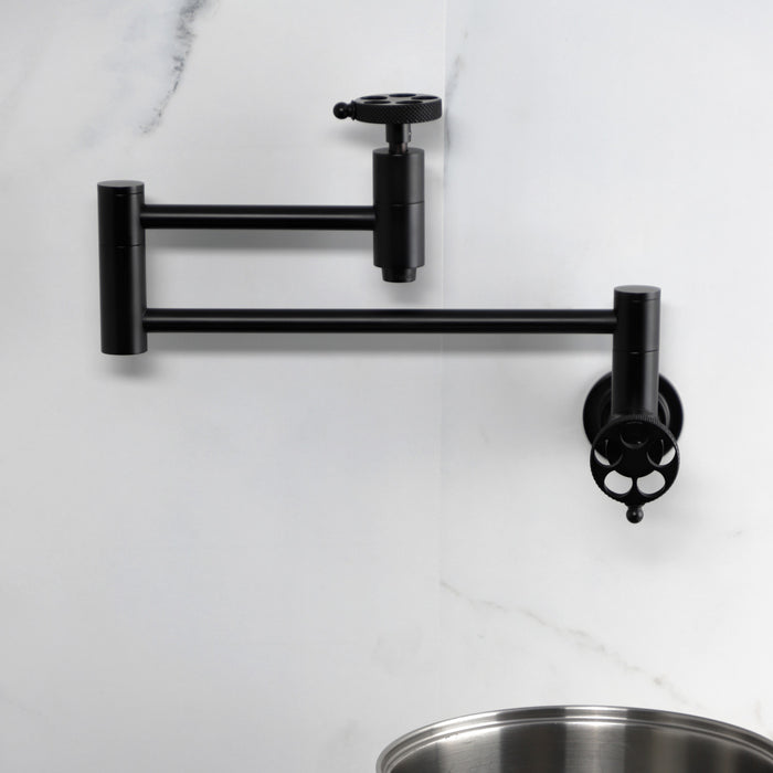 Kingston Sona KS8100RKX - Webb Two-Handle 1-Hole Wall Mount Pot Filler Faucet with Knurled Handle, Matte Black