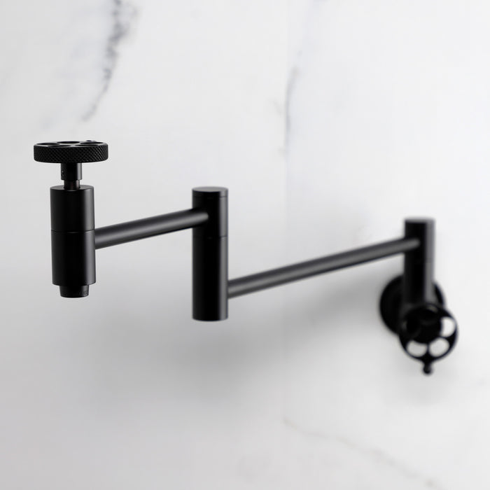 Kingston Sona KS8100RKX - Webb Two-Handle 1-Hole Wall Mount Pot Filler Faucet with Knurled Handle, Matte Black