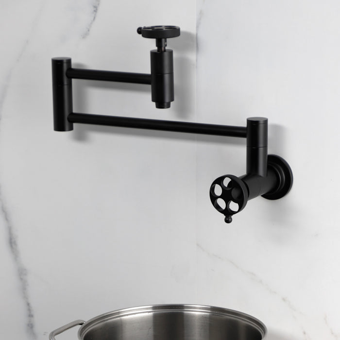 Kingston Sona KS8100RKZ - Wendell Two-Handle 1-Hole Wall Mount Pot Filler Faucet with Knurled Handle, Matte Black