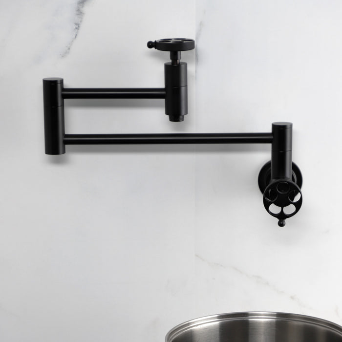 Kingston Sona KS8100RKZ - Wendell Two-Handle 1-Hole Wall Mount Pot Filler Faucet with Knurled Handle, Matte Black