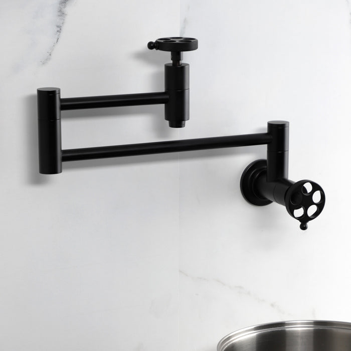 Kingston Sona KS8100RKZ - Wendell Two-Handle 1-Hole Wall Mount Pot Filler Faucet with Knurled Handle, Matte Black