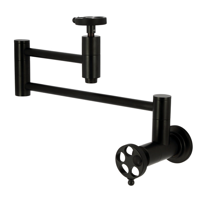 Wendell KS8100RKZ Two-Handle 1-Hole Wall Mount Pot Filler with Knurled Handle, Matte Black