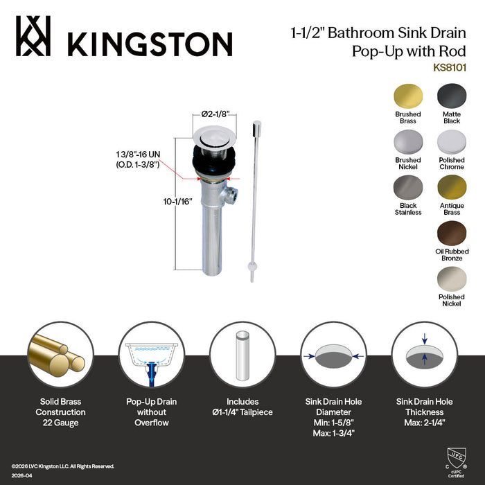 Kingston Concord KS8101 Brass Pop-Up Bathroom Sink Drain without Overflow, 22 Gauge, Polished Chrome