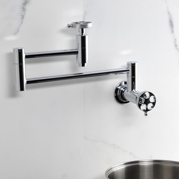 Kingston Sona KS8101RKZ - Wendell Two-Handle 1-Hole Wall Mount Pot Filler Faucet with Knurled Handle, Polished Chrome