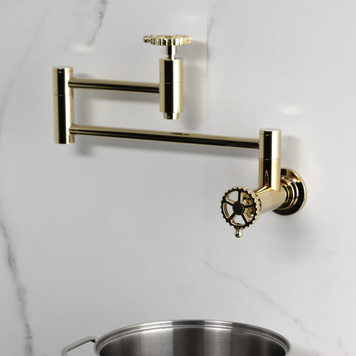 Kingston Sona KS8102CG - Fuller Two-Handle 1-Hole Wall Mount Pot Filler Faucet, Polished Brass