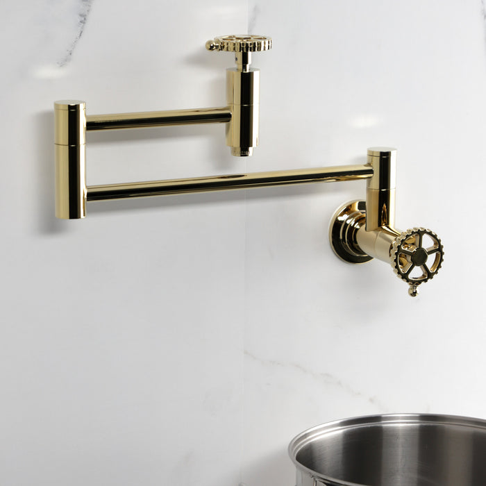 Kingston Sona KS8102CG - Fuller Two-Handle 1-Hole Wall Mount Pot Filler Faucet, Polished Brass