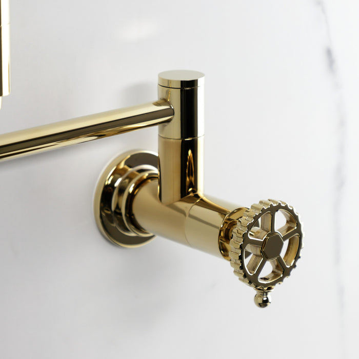 Kingston Sona KS8102CG - Fuller Two-Handle 1-Hole Wall Mount Pot Filler Faucet, Polished Brass