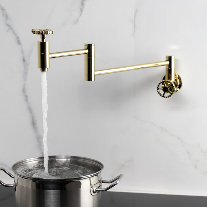 Kingston Sona KS8102CG - Fuller Two-Handle 1-Hole Wall Mount Pot Filler Faucet, Polished Brass