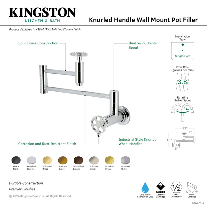 Kingston Sona KS8102RKX - Webb Two-Handle 1-Hole Wall Mount Pot Filler Faucet with Knurled Handle, Polished Brass