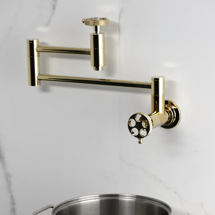Kingston Sona KS8102RKX - Webb Two-Handle 1-Hole Wall Mount Pot Filler Faucet with Knurled Handle, Polished Brass