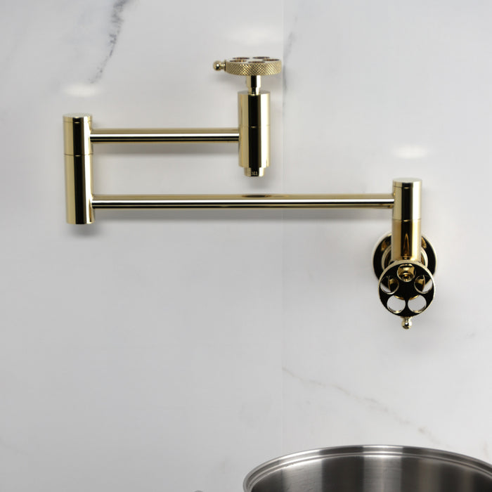 Kingston Sona KS8102RKX - Webb Two-Handle 1-Hole Wall Mount Pot Filler Faucet with Knurled Handle, Polished Brass