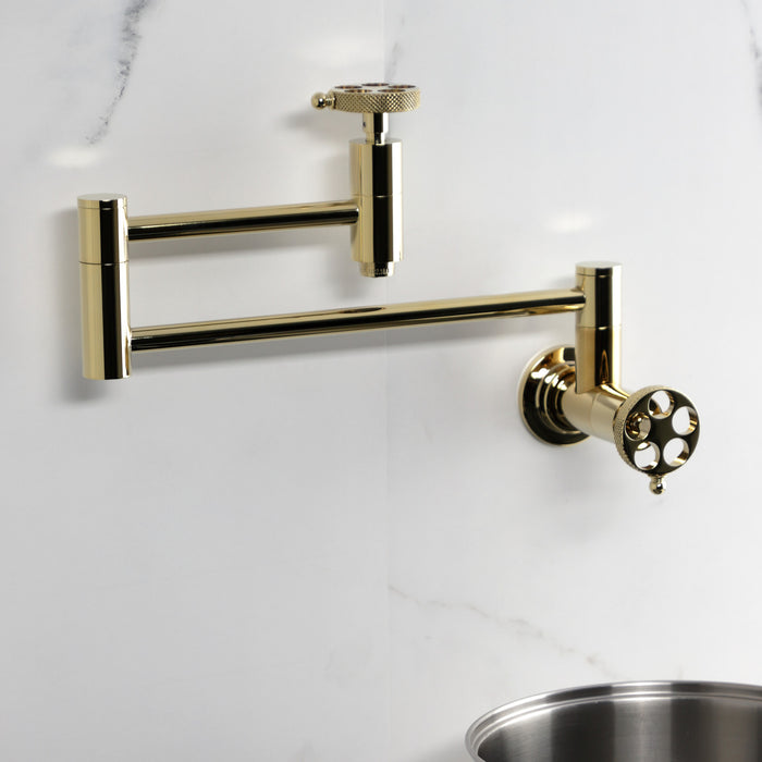 Kingston Sona KS8102RKX - Webb Two-Handle 1-Hole Wall Mount Pot Filler Faucet with Knurled Handle, Polished Brass