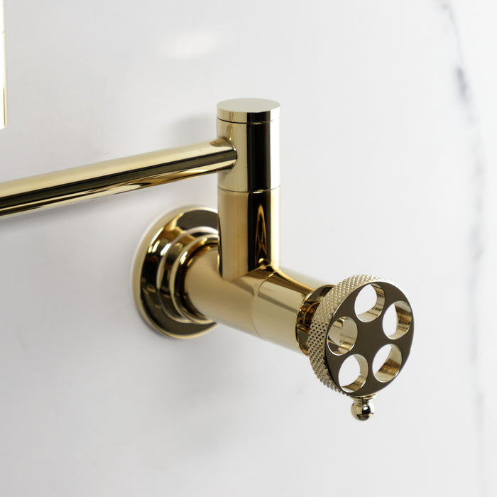 Kingston Sona KS8102RKX - Webb Two-Handle 1-Hole Wall Mount Pot Filler Faucet with Knurled Handle, Polished Brass