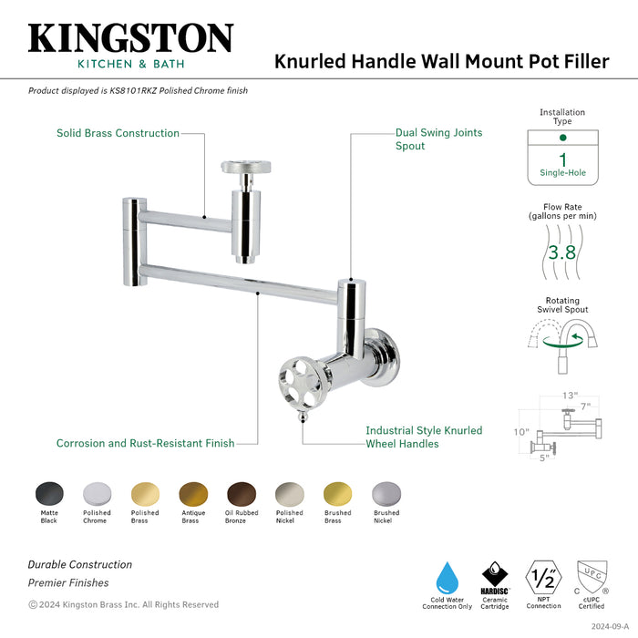 Kingston Sona KS8102RKZ - Wendell Two-Handle 1-Hole Wall Mount Pot Filler Faucet with Knurled Handle, Polished Brass