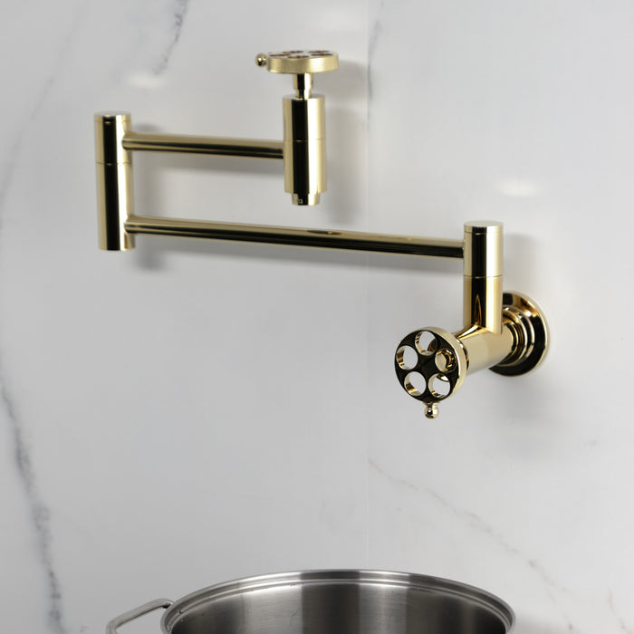 Kingston Sona KS8102RKZ - Wendell Two-Handle 1-Hole Wall Mount Pot Filler Faucet with Knurled Handle, Polished Brass