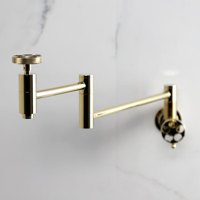 Kingston Sona KS8102RKZ - Wendell Two-Handle 1-Hole Wall Mount Pot Filler Faucet with Knurled Handle, Polished Brass