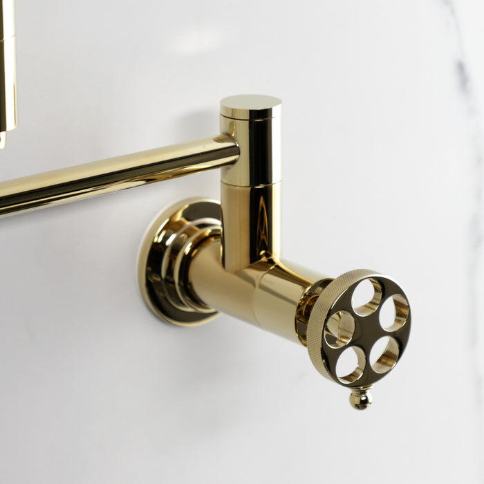 Kingston Sona KS8102RKZ - Wendell Two-Handle 1-Hole Wall Mount Pot Filler Faucet with Knurled Handle, Polished Brass
