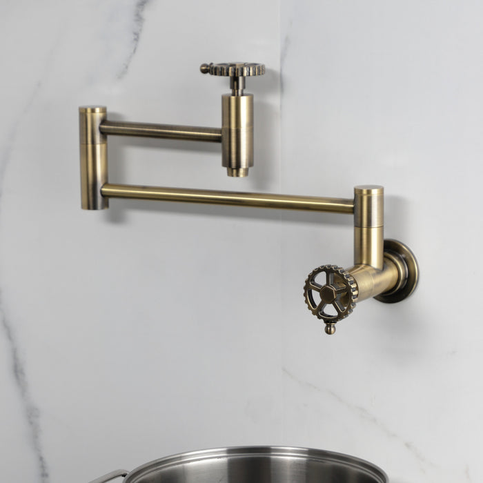 Kingston Sona KS8103CG - Fuller Two-Handle 1-Hole Wall Mount Pot Filler Faucet, Antique Brass