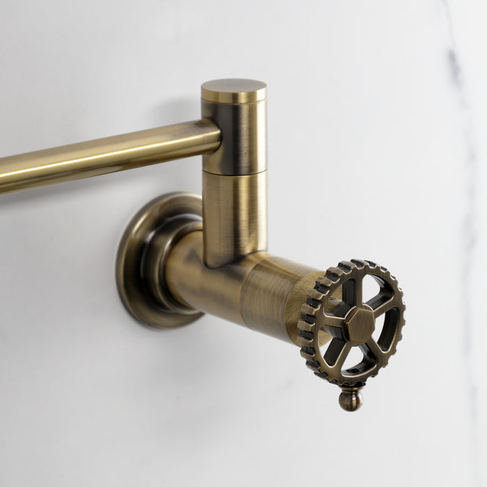 Kingston Sona KS8103CG - Fuller Two-Handle 1-Hole Wall Mount Pot Filler Faucet, Antique Brass