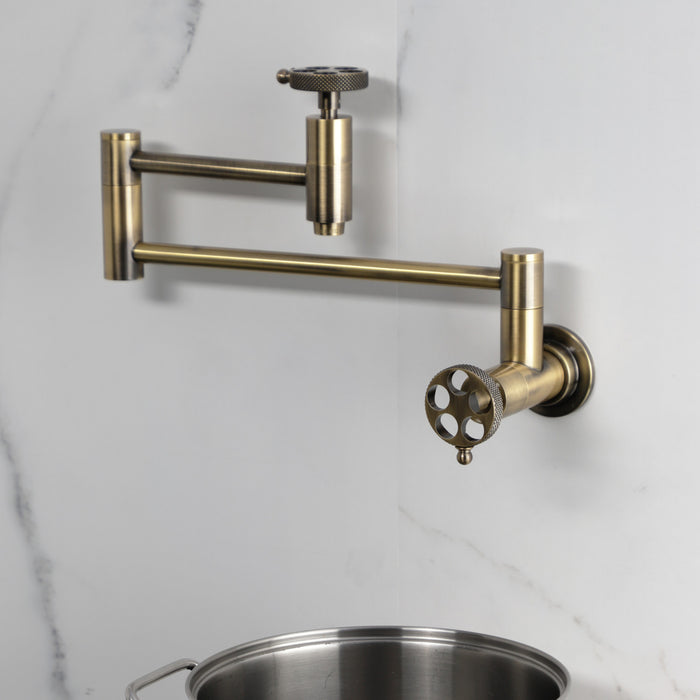 Kingston Sona KS8103RKX - Webb Two-Handle 1-Hole Wall Mount Pot Filler Faucet with Knurled Handle, Antique Brass