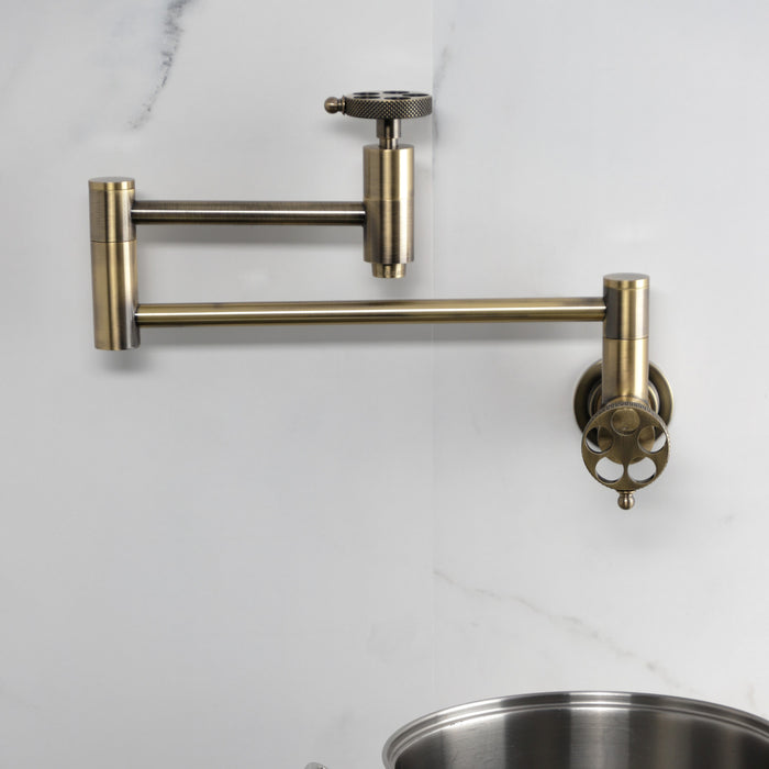 Kingston Sona KS8103RKX - Webb Two-Handle 1-Hole Wall Mount Pot Filler Faucet with Knurled Handle, Antique Brass